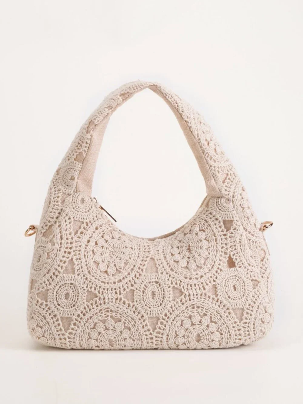 Bohemian Crochet Lace Shoulder Bag, Ivory Floral Hobo Bag, Embroidered Handbag